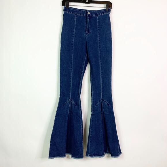 Do + Be Jeans Women's Small Pleated Flare High Rise Dark Wash Raw Hem Stretch - Picture 1 of 6